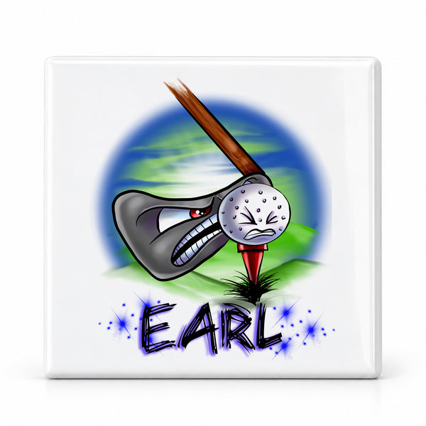 G016 Golfing ceramic coaster by Mythic Airbrush, original Air-Volution design — main image