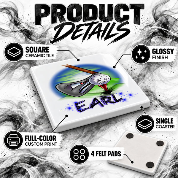 G016 Golfing ceramic coaster by Mythic Airbrush, original Air-Volution design — product image 3