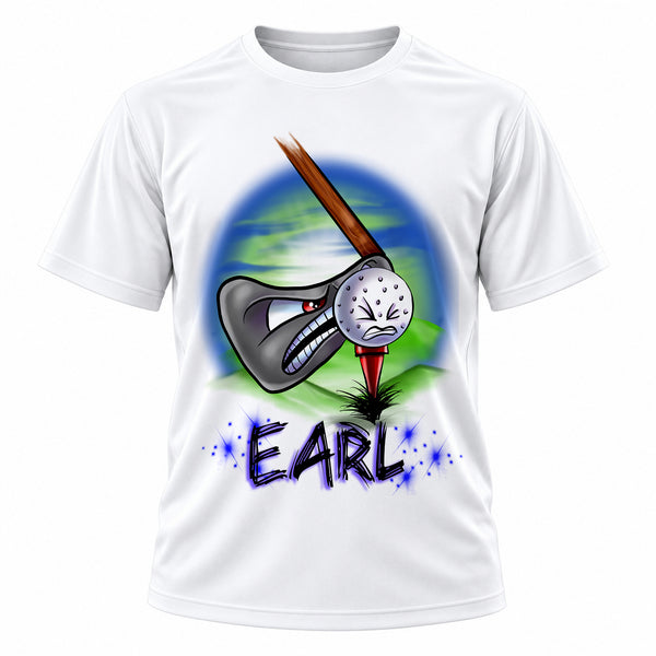 Personalized Golfing T-Shirt, front-view T-shirt mockup featuring custom Air-Volution artwork by Mythic Airbrush