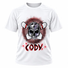 Personalized Bowling T-Shirt, front-view T-shirt mockup featuring custom Air-Volution artwork by Mythic Airbrush