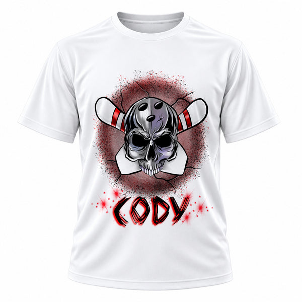 Personalized Bowling T-Shirt, front-view T-shirt mockup featuring custom Air-Volution artwork by Mythic Airbrush