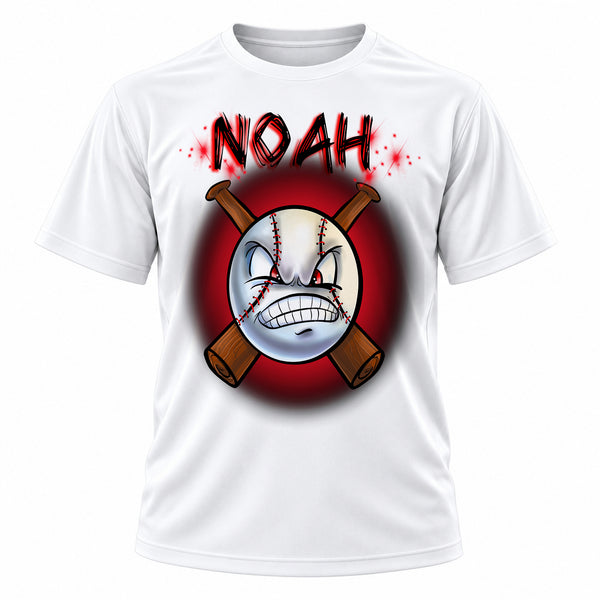 Personalized Baseball T-Shirt, front-view T-shirt mockup featuring custom Air-Volution artwork by Mythic Airbrush