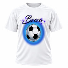 Personalized Soccer Ball T-Shirt, front-view T-shirt mockup featuring custom Air-Volution artwork by Mythic Airbrush