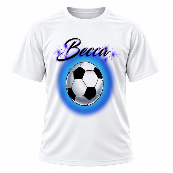 Personalized Soccer Ball T-Shirt, front-view T-shirt mockup featuring custom Air-Volution artwork by Mythic Airbrush