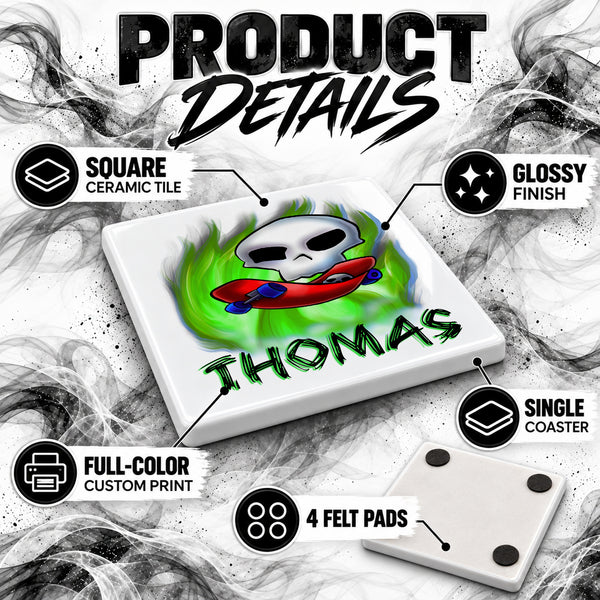 G023 Skateboarding ceramic coaster by Mythic Airbrush, original Air-Volution design — product image 3