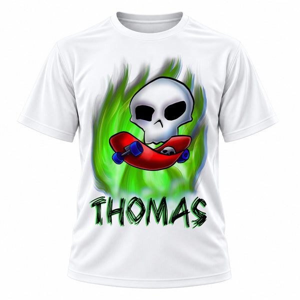 Personalized Skateboarding T-Shirt, front-view T-shirt mockup featuring custom Air-Volution artwork by Mythic Airbrush
