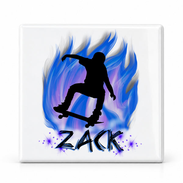 G024 Skateboarding ceramic coaster by Mythic Airbrush, original Air-Volution design — main image