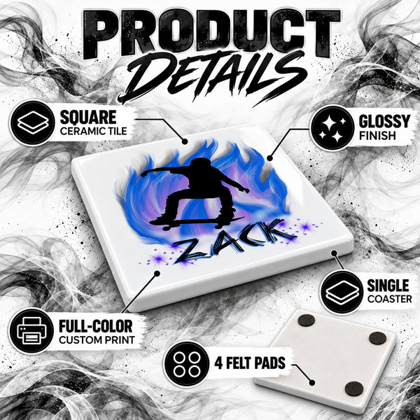 G024 Skateboarding ceramic coaster by Mythic Airbrush, original Air-Volution design — product image 3