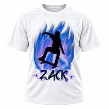 Personalized Skateboarding T-Shirt, front-view T-shirt mockup featuring custom Air-Volution artwork by Mythic Airbrush