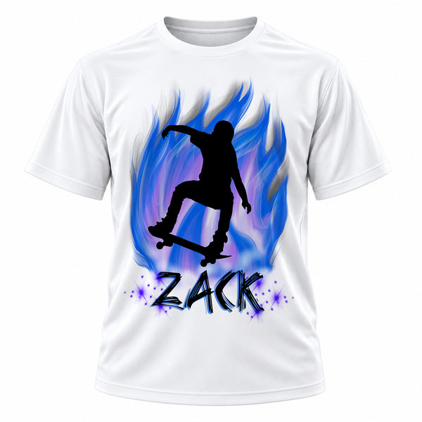 Personalized Skateboarding T-Shirt, front-view T-shirt mockup featuring custom Air-Volution artwork by Mythic Airbrush