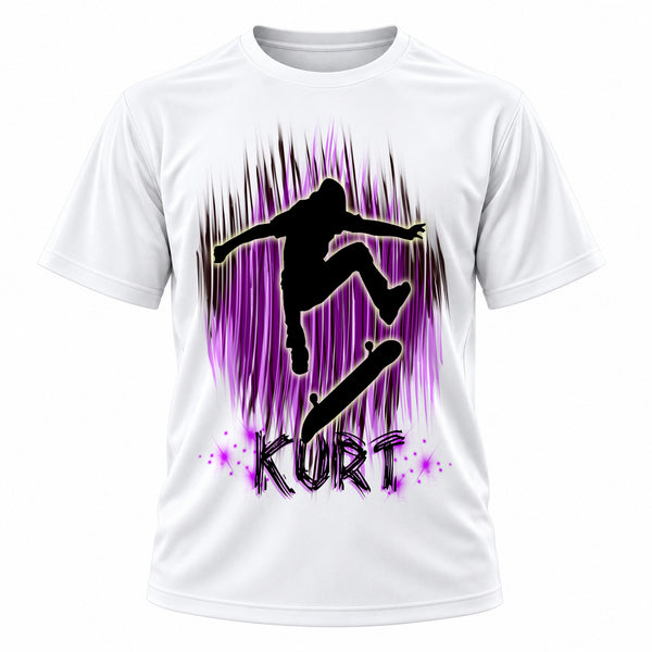 Personalized Skater T-Shirt, front-view T-shirt mockup featuring custom Air-Volution artwork by Mythic Airbrush