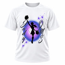 Personalized Cheer T-Shirt, front-view T-shirt mockup featuring custom Air-Volution artwork by Mythic Airbrush