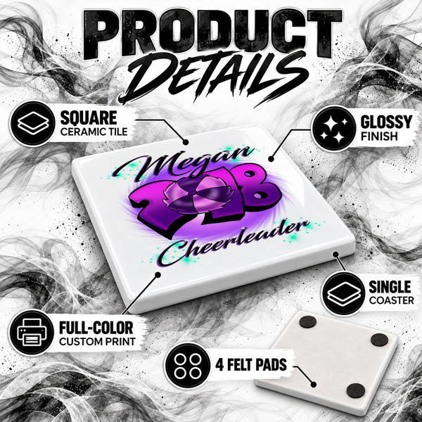 G027 Cheerleading ceramic coaster by Mythic Airbrush, original Air-Volution design — product image 3