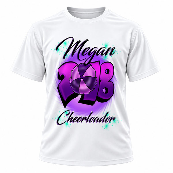 Personalized Cheerleading T-Shirt, front-view T-shirt mockup featuring custom Air-Volution artwork by Mythic Airbrush