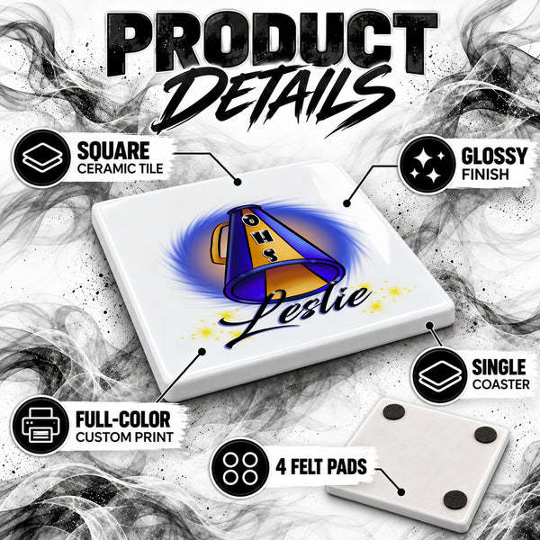 G028 Cheerleading ceramic coaster by Mythic Airbrush, original Air-Volution design — product image 3