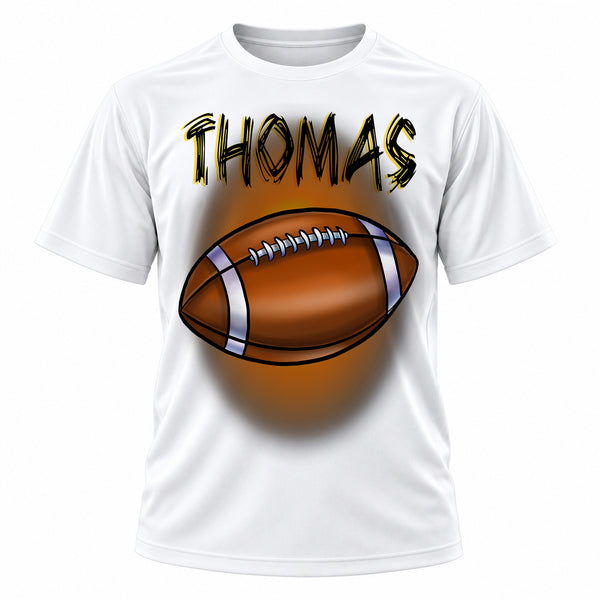 Personalized Football T-Shirt, front-view T-shirt mockup featuring custom Air-Volution artwork by Mythic Airbrush