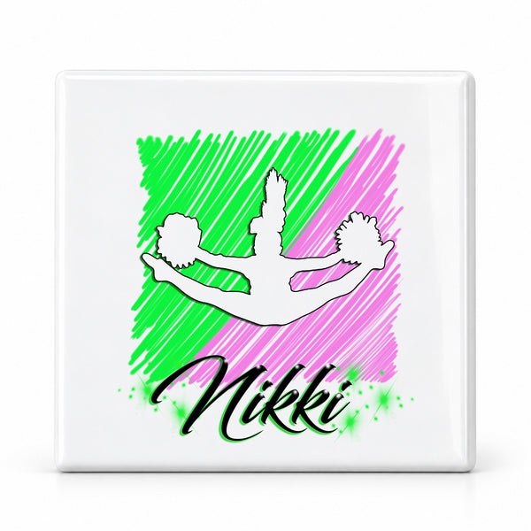 G032 Cheerleading ceramic coaster by Mythic Airbrush, original Air-Volution design — main image