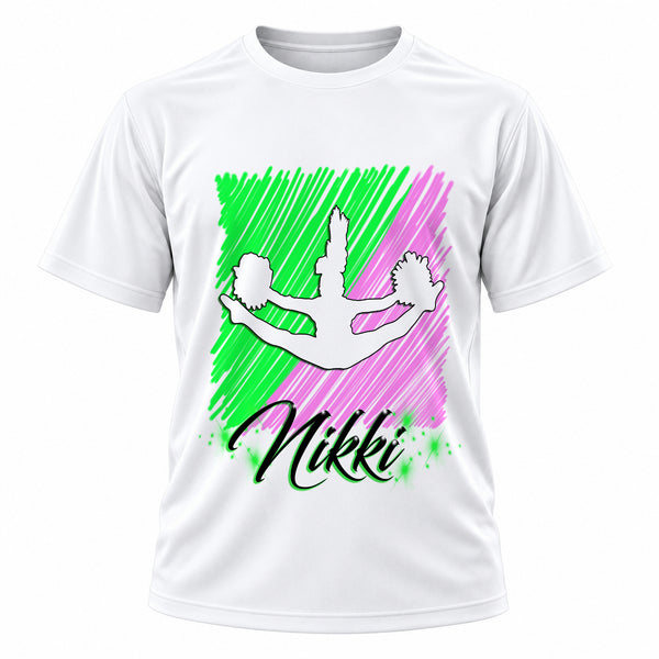Personalized Cheerleading T-Shirt, front-view T-shirt mockup featuring custom Air-Volution artwork by Mythic Airbrush