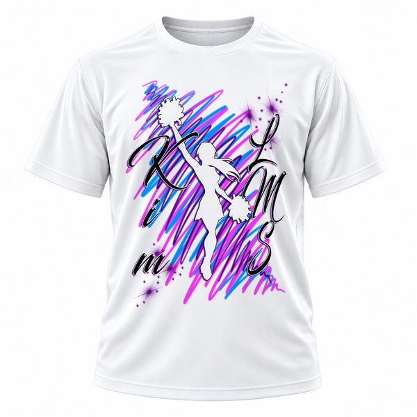 Personalized Cheerleading T-Shirt, front-view T-shirt mockup featuring custom Air-Volution artwork by Mythic Airbrush
