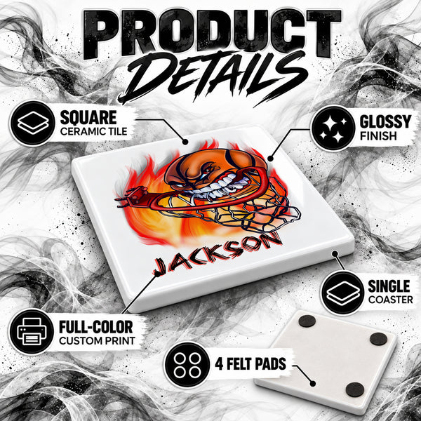 G034 Basketball ceramic coaster by Mythic Airbrush, original Air-Volution design — product image 3