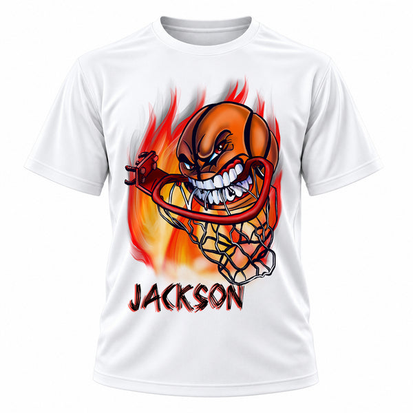 Personalized Basketball T-Shirt, front-view T-shirt mockup featuring custom Air-Volution artwork by Mythic Airbrush