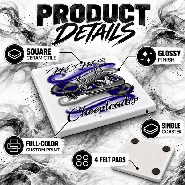 G037 Megaphone and Pom Pom ceramic coaster by Mythic Airbrush, original Air-Volution design — product image 3