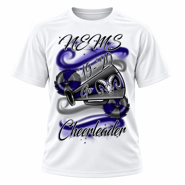 Personalized Megaphone and Pom Pom T-Shirt, front-view T-shirt mockup featuring custom Air-Volution artwork by Mythic Airbrush