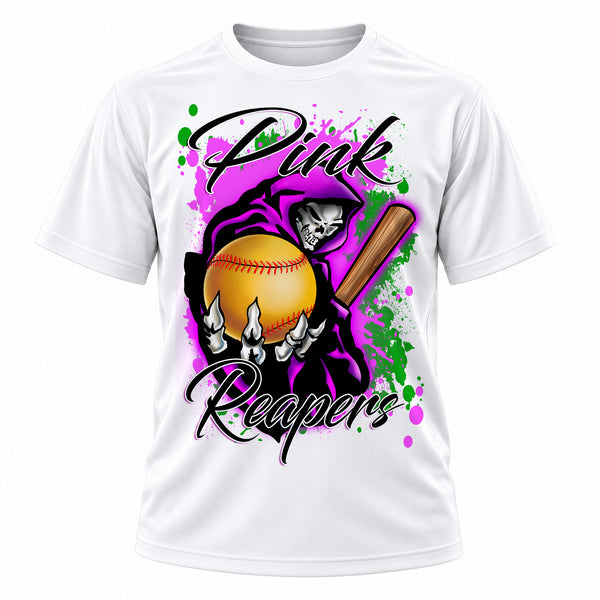 Personalized Grim Reaper Softball T-Shirt, front-view T-shirt mockup featuring custom Air-Volution artwork by Mythic Airbrush