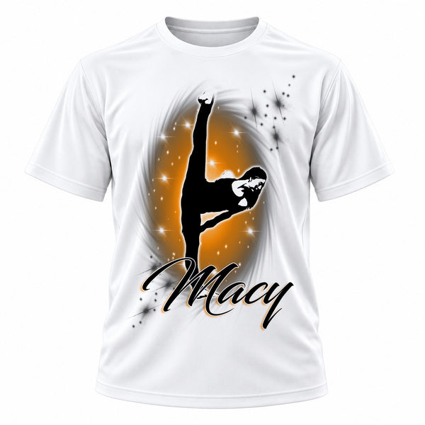 Personalized Dance Girl T-Shirt, front-view T-shirt mockup featuring custom Air-Volution artwork by Mythic Airbrush