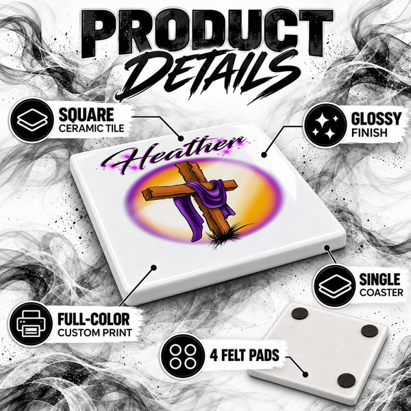 H003 Christian Cross ceramic coaster by Mythic Airbrush, original Air-Volution design — product image 3