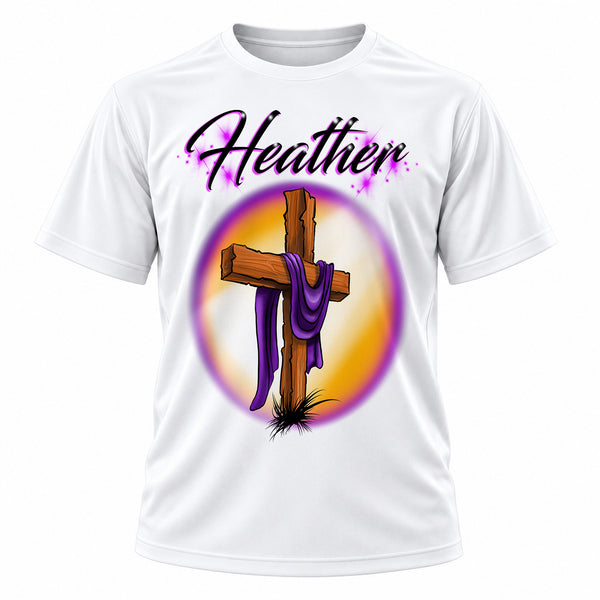 Personalized Christian Cross T-Shirt, front-view T-shirt mockup featuring custom Air-Volution artwork by Mythic Airbrush