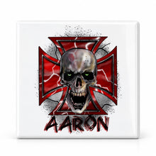 H007 Wicked Skull Maltese Cross ceramic coaster by Mythic Airbrush, original Air-Volution design — main image