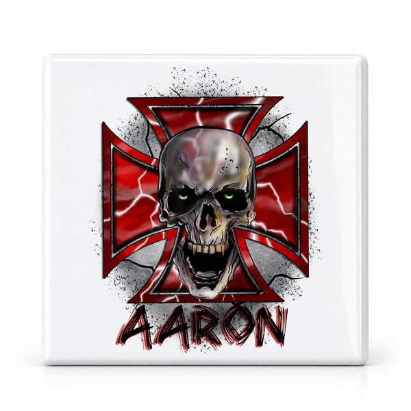 H007 Wicked Skull Maltese Cross ceramic coaster by Mythic Airbrush, original Air-Volution design — main image