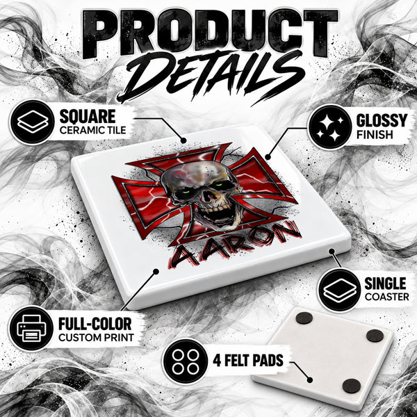 H007 Wicked Skull Maltese Cross ceramic coaster by Mythic Airbrush, original Air-Volution design — product image 3