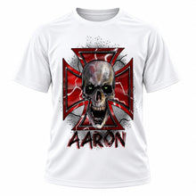 Personalized Wicked Skull Maltese Cross T-Shirt, front-view T-shirt mockup featuring custom Air-Volution artwork by Mythic Airbrush