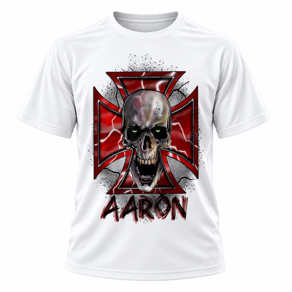 Personalized Wicked Skull Maltese Cross T-Shirt, front-view T-shirt mockup featuring custom Air-Volution artwork by Mythic Airbrush
