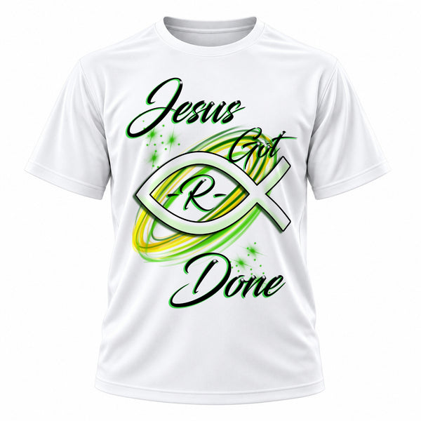 Personalized Jesus Fish T-Shirt, front-view T-shirt mockup featuring custom Air-Volution artwork by Mythic Airbrush