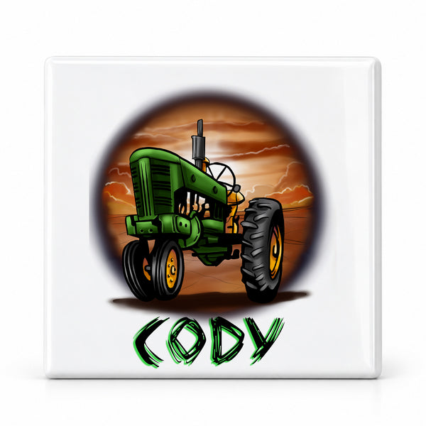 H009 Tractor ceramic coaster by Mythic Airbrush, original Air-Volution design — main image