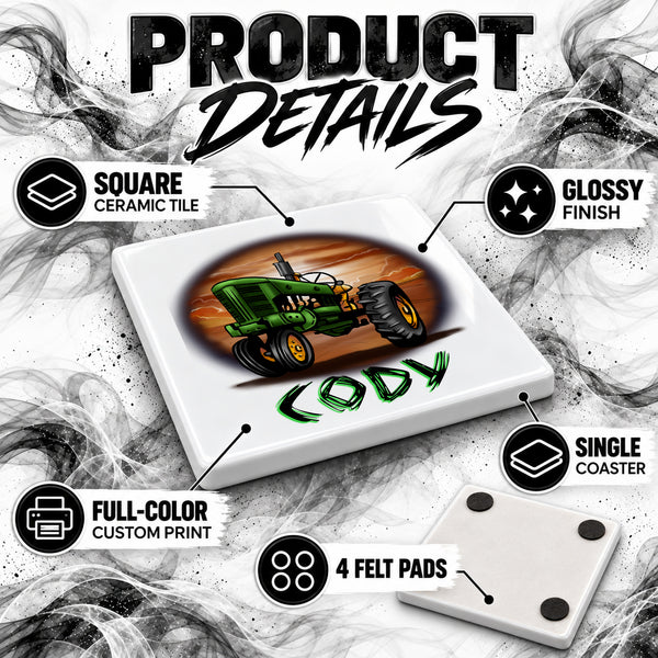 H009 Tractor ceramic coaster by Mythic Airbrush, original Air-Volution design — product image 3