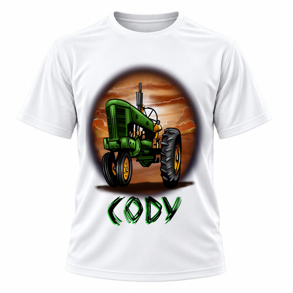 Personalized Tractor T-Shirt, front-view T-shirt mockup featuring custom Air-Volution artwork by Mythic Airbrush
