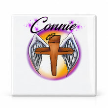 H010 Angel Wings Christian Cross ceramic coaster by Mythic Airbrush, original Air-Volution design — main image
