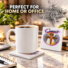 H010 Angel Wings Christian Cross ceramic coaster by Mythic Airbrush, original Air-Volution design — product image 4