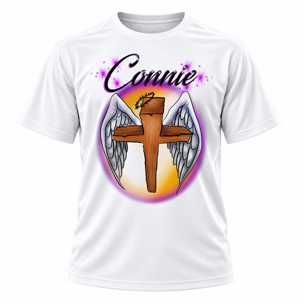 Personalized Angel Wings Christian Cross T-Shirt, front-view T-shirt mockup featuring custom Air-Volution artwork by Mythic Airbrush