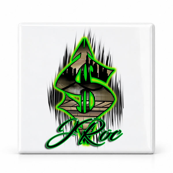 H012 Money Symbol ceramic coaster by Mythic Airbrush, original Air-Volution design — main image