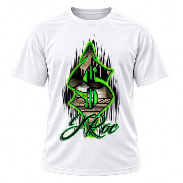 Personalized Money Symbol T-Shirt, front-view T-shirt mockup featuring custom Air-Volution artwork by Mythic Airbrush