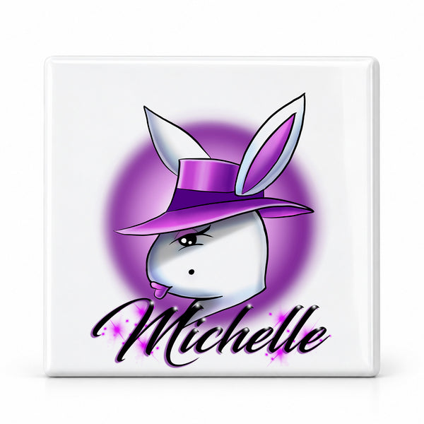H016 Girl Bunny Character ceramic coaster by Mythic Airbrush, original Air-Volution design — main image
