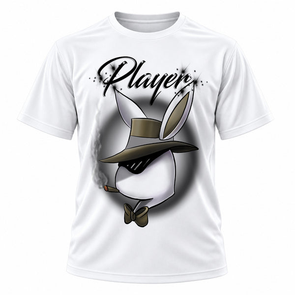 Boy bunny character on personalized graphic T-shirt, Mythic Airbrush design H017