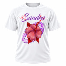 Personalized Hibiscus Flower T-Shirt, front-view T-shirt mockup featuring custom Air-Volution artwork by Mythic Airbrush