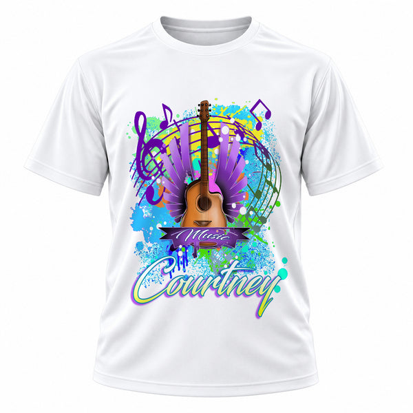 Personalized Guitar Music Notes T-Shirt, front-view T-shirt mockup featuring custom Air-Volution artwork by Mythic Airbrush