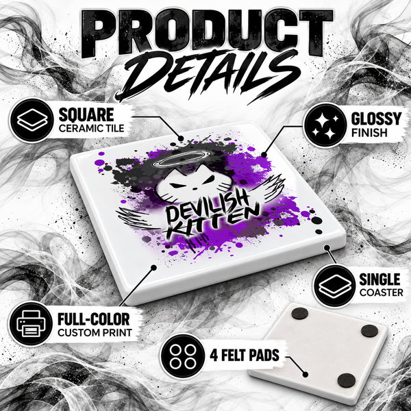 H050 Devil Kitten Logo ceramic coaster by Mythic Airbrush, original Air-Volution design — product image 3